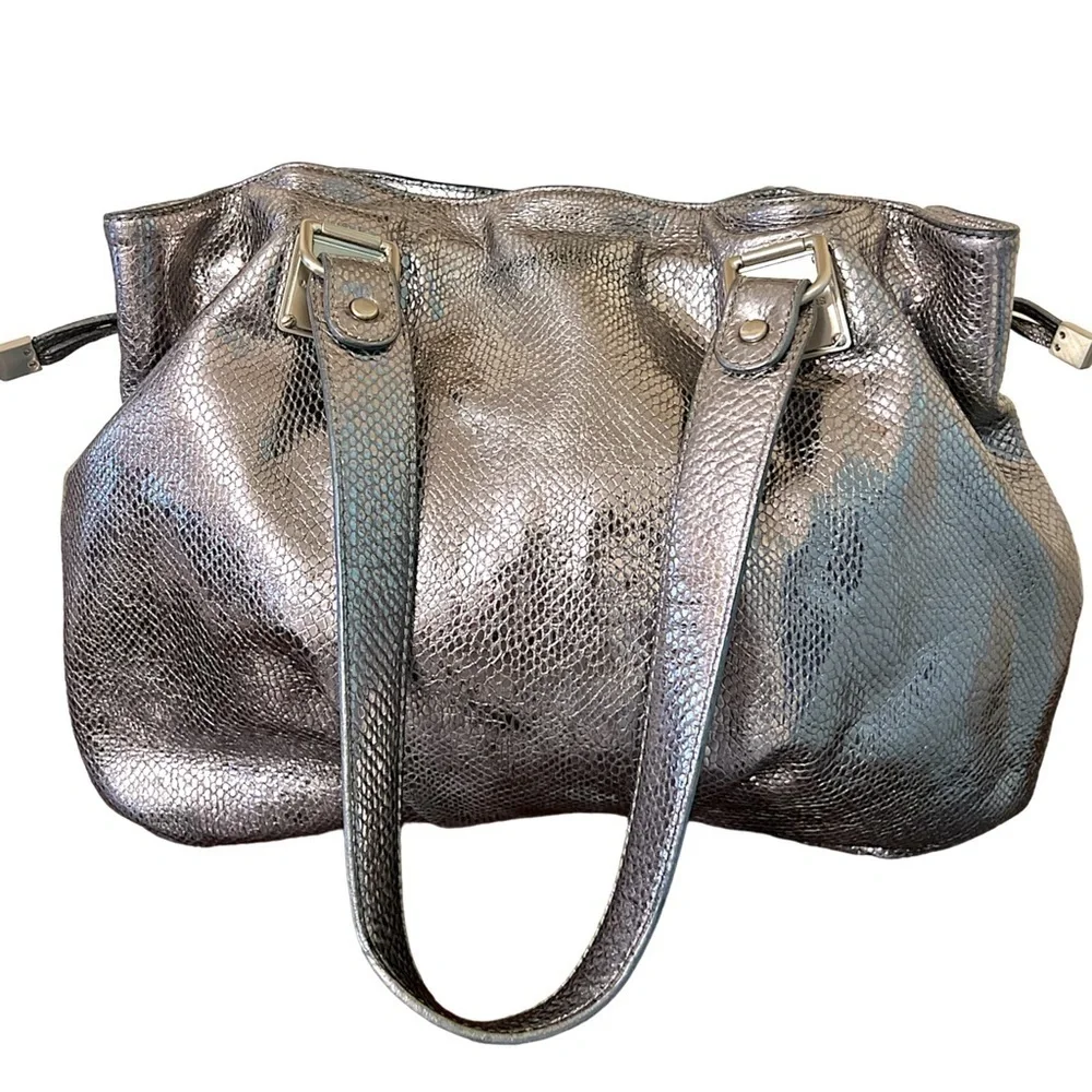 Michael Michael Kors Newbury satchel snake embossed  leather pewter silver